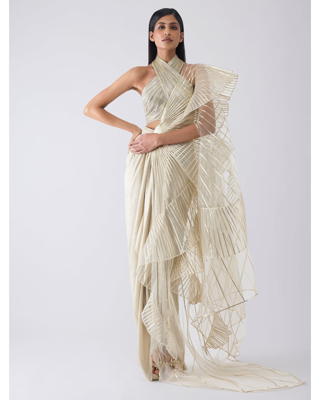 Metallic Winged Ruffle Beige Skirt Set By KYNAH, Luxury Indian Fashion & Bridal Wear