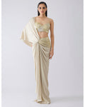 Metallic Corded Beige Sari By KYNAH, Luxury Indian Fashion & Bridal Wear