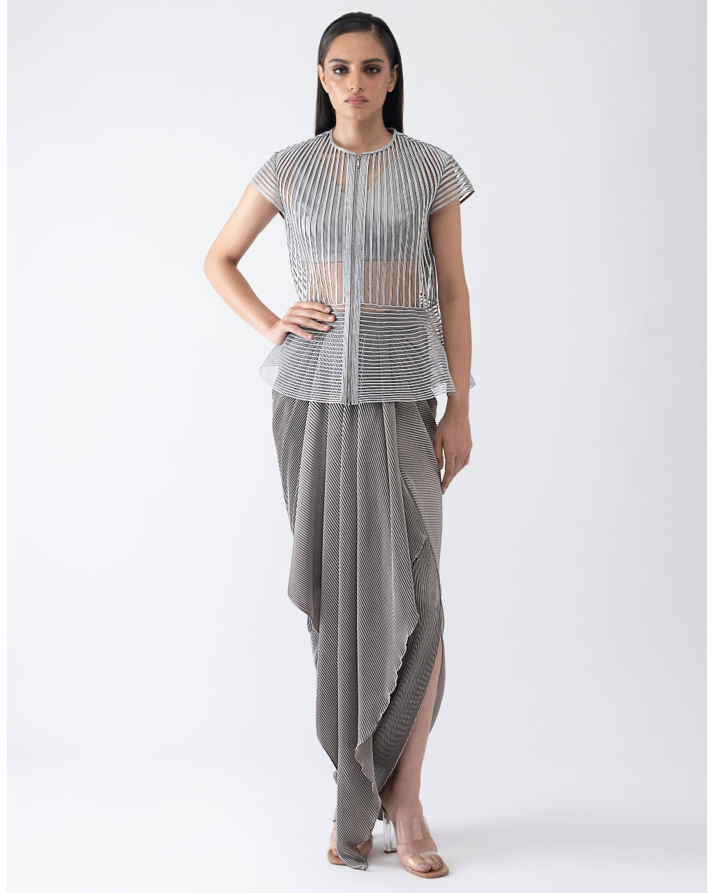 Metallic Corded Gray Cape And Skirt By KYNAH, Luxury Indian Fashion & Bridal Wear