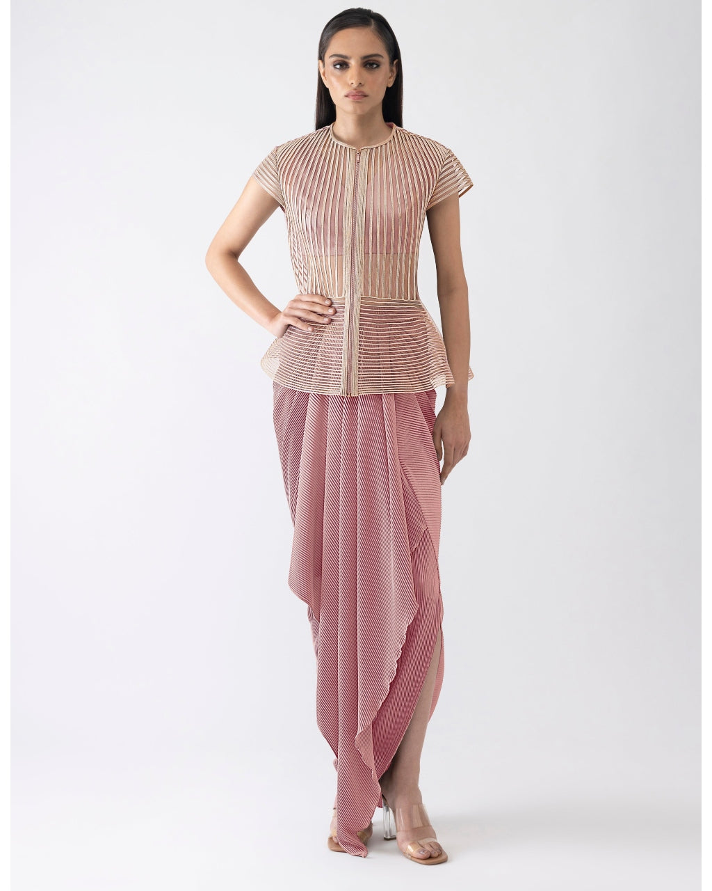 Metallic Corded Pink Cape And Skirt By KYNAH, Luxury Indian Fashion & Bridal Wear
