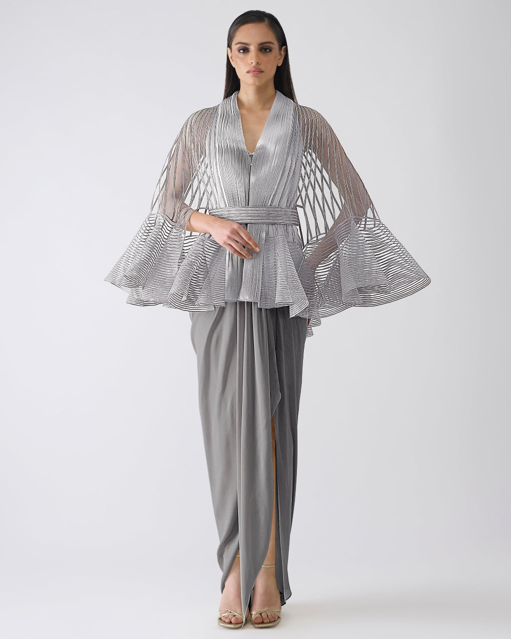 Metallic Corded Ruffle Gray Cape And Dress By KYNAH, Luxury Indian Fashion & Bridal Wear