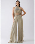 Corded Beige Bodysuit With Pants And Drape By KYNAH, Luxury Indian Fashion & Bridal Wear