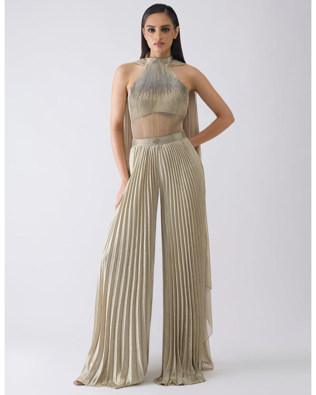 Corded Beige Bodysuit With Pants And Drape By KYNAH, Luxury Indian Fashion & Bridal Wear