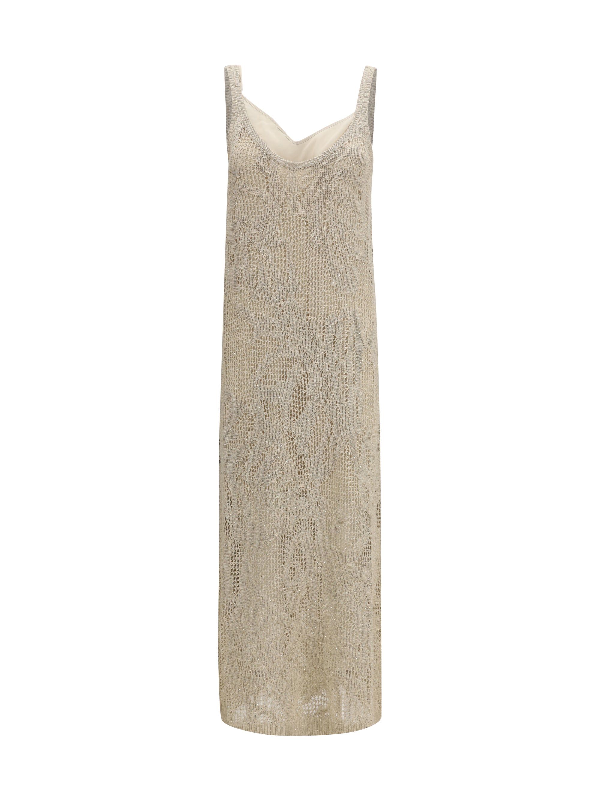 Brunello Cucinelli Openwork Floral Linen Cotton Dress — Beige
