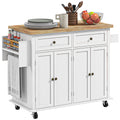 GlideSpace 44"W Butcher Block Cart, Movable Kitchen Island with Cabinets, Distressed White