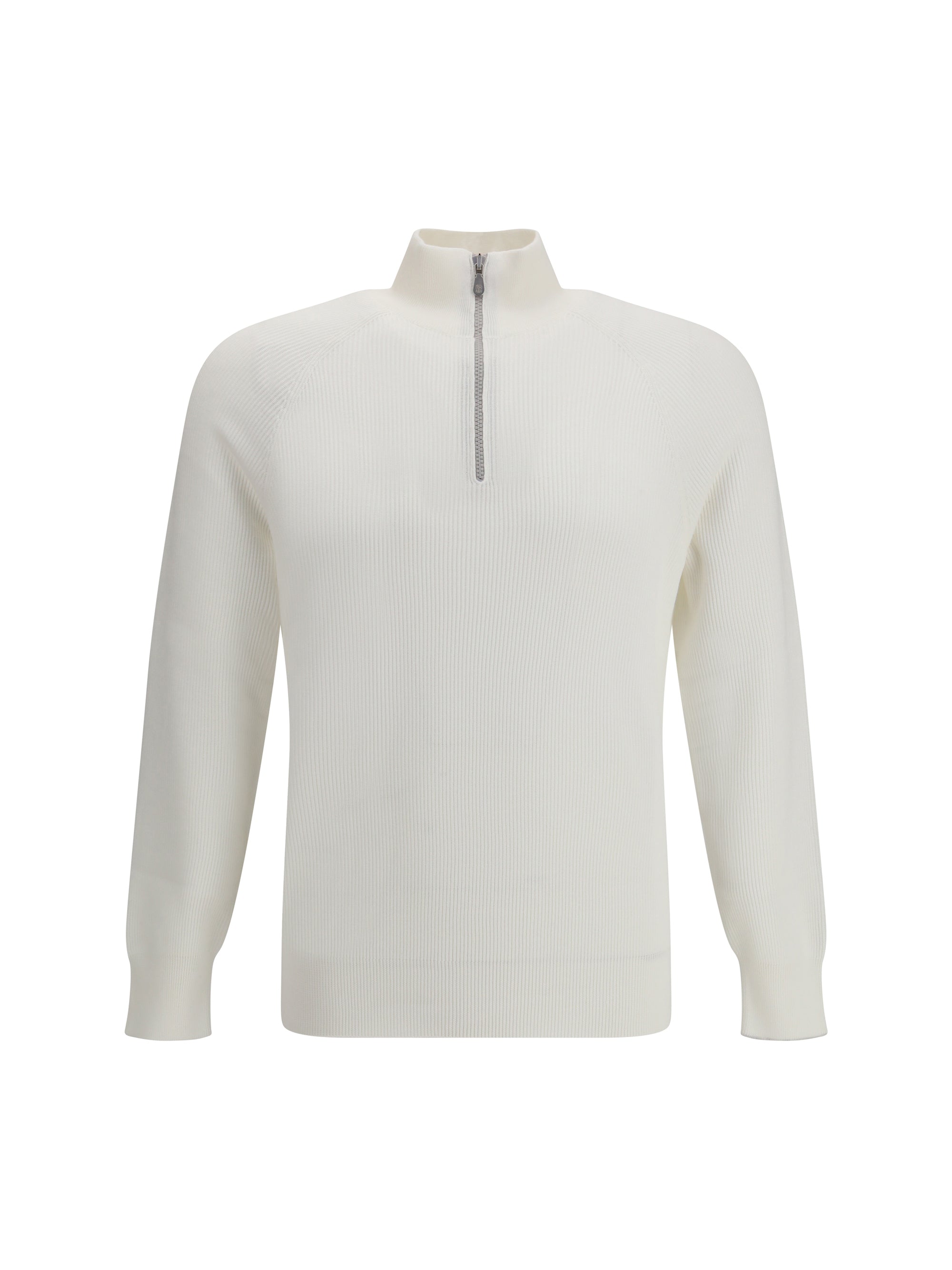Brunello Cucinelli Ribbed Cotton with Half-Zip Sweater — White