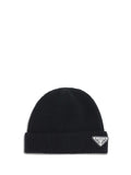 Prada 2HC4263IM Logo-Plaque Ribbed Wool Beanie — Black
