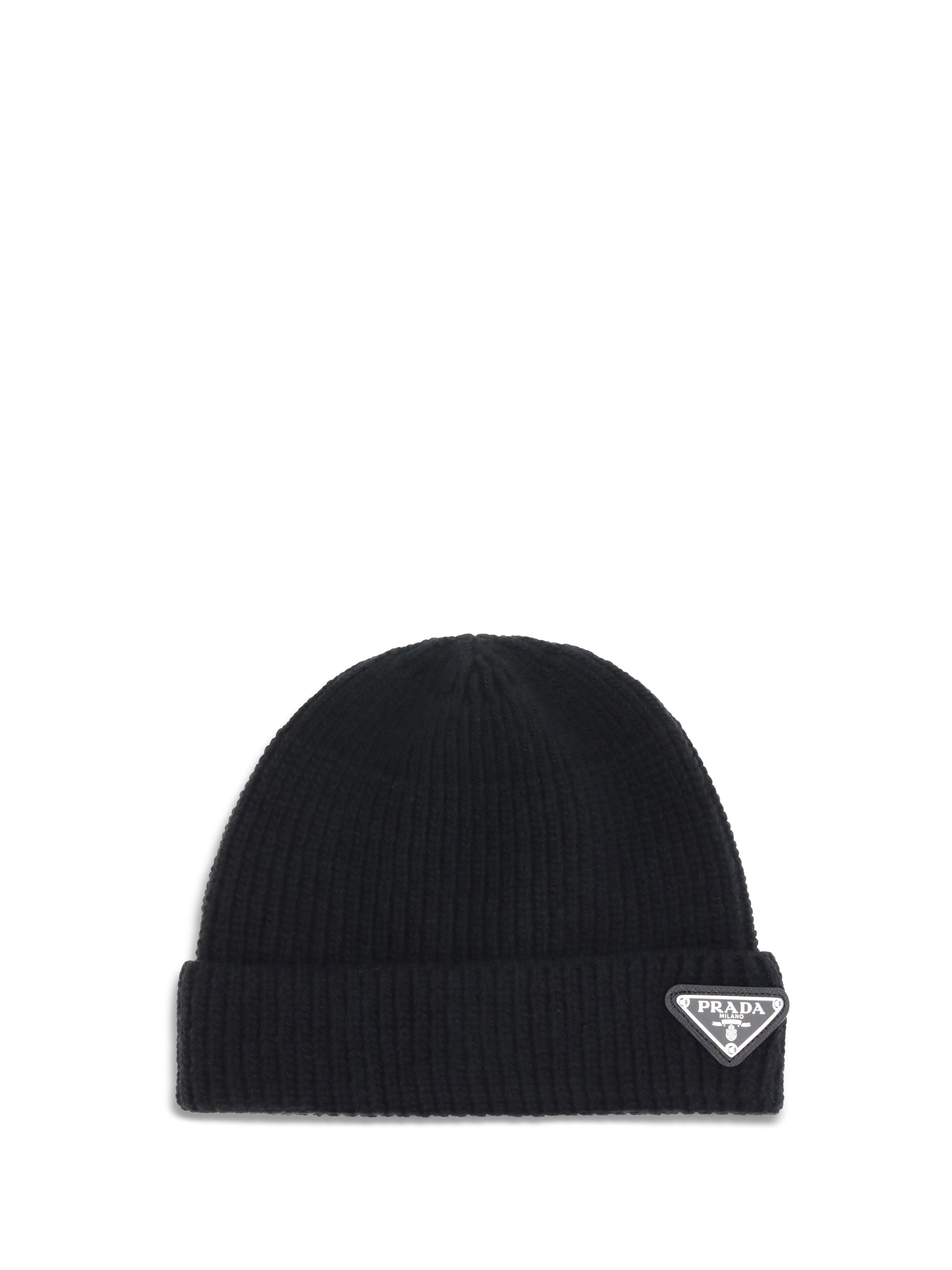 Prada 2HC4263IM Logo-Plaque Ribbed Wool Beanie — Black