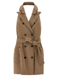 Elisabetta Franchi Double-Breasted Gabardine Vest Dress — Camel