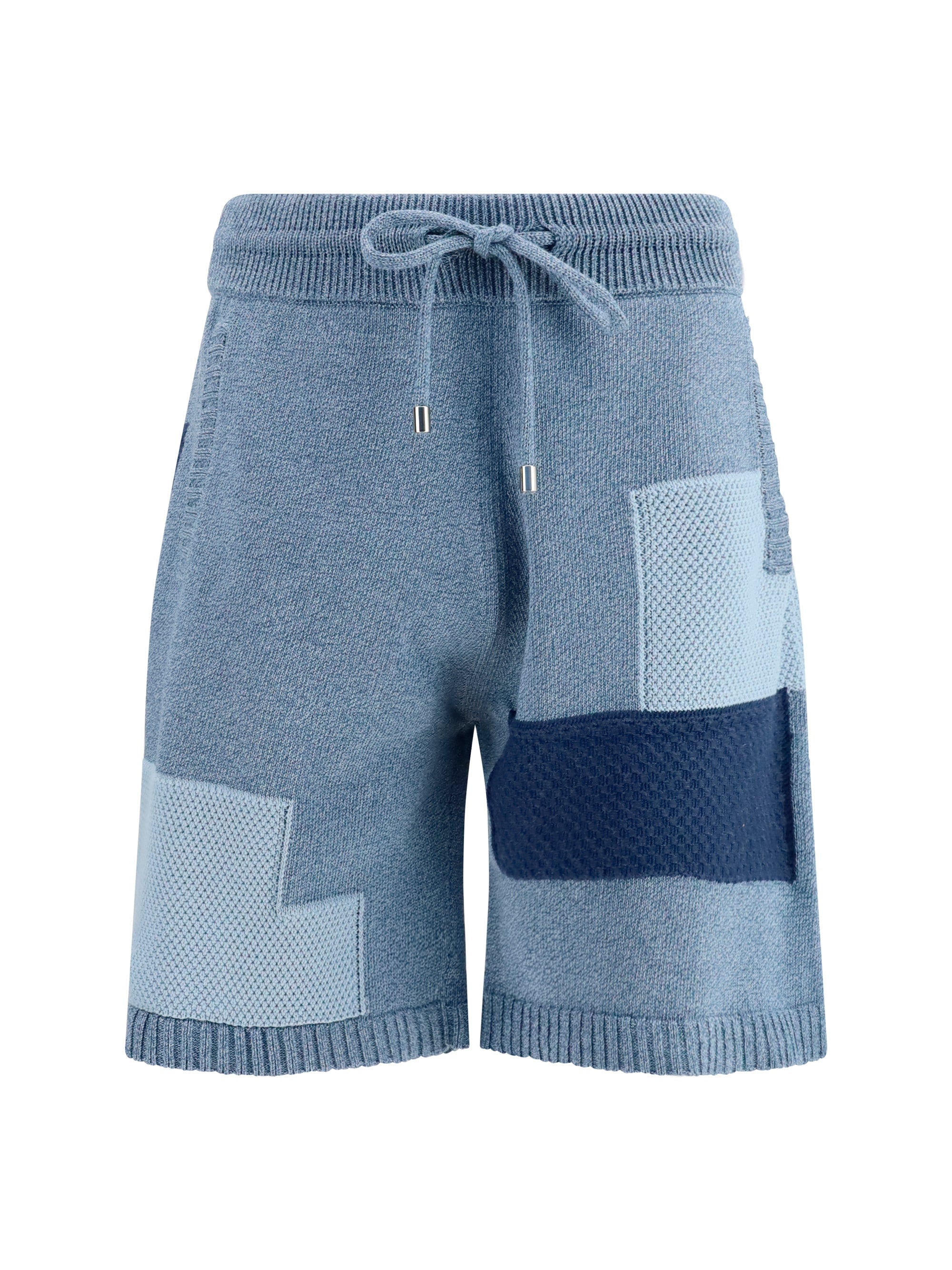 Laneus Patchwork Cotton Knit Bermuda Shorts — Blue