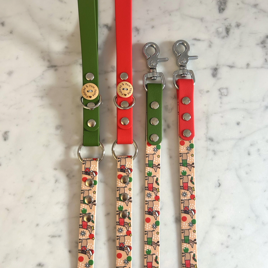 Christmas Dachshunds - Handmade Vegan Leather Dog Leash - Green