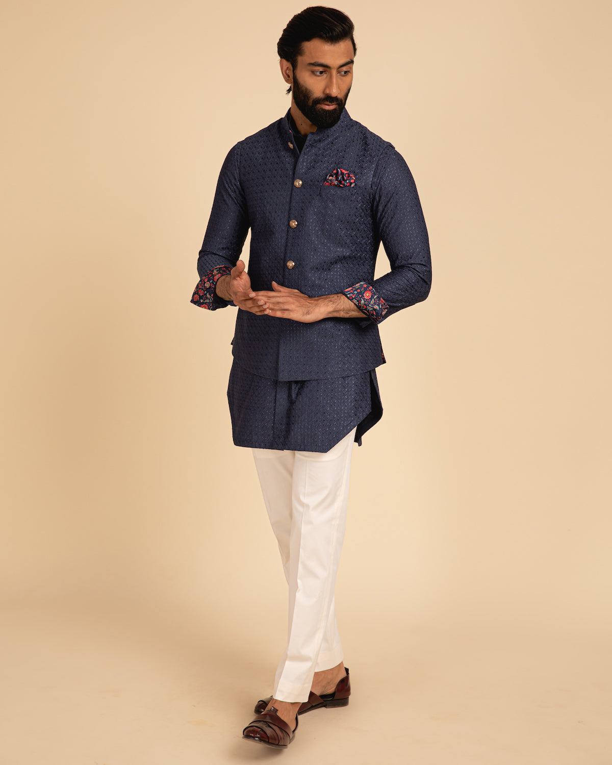 Cobalt Blue Silk Motif Kurta Set By KYNAH, Luxury Indian Fashion & Bridal Wear