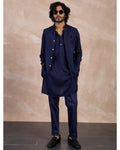 Navy Basic Pintucks Nehru Jacket Set By KYNAH, Luxury Indian Fashion & Bridal Wear