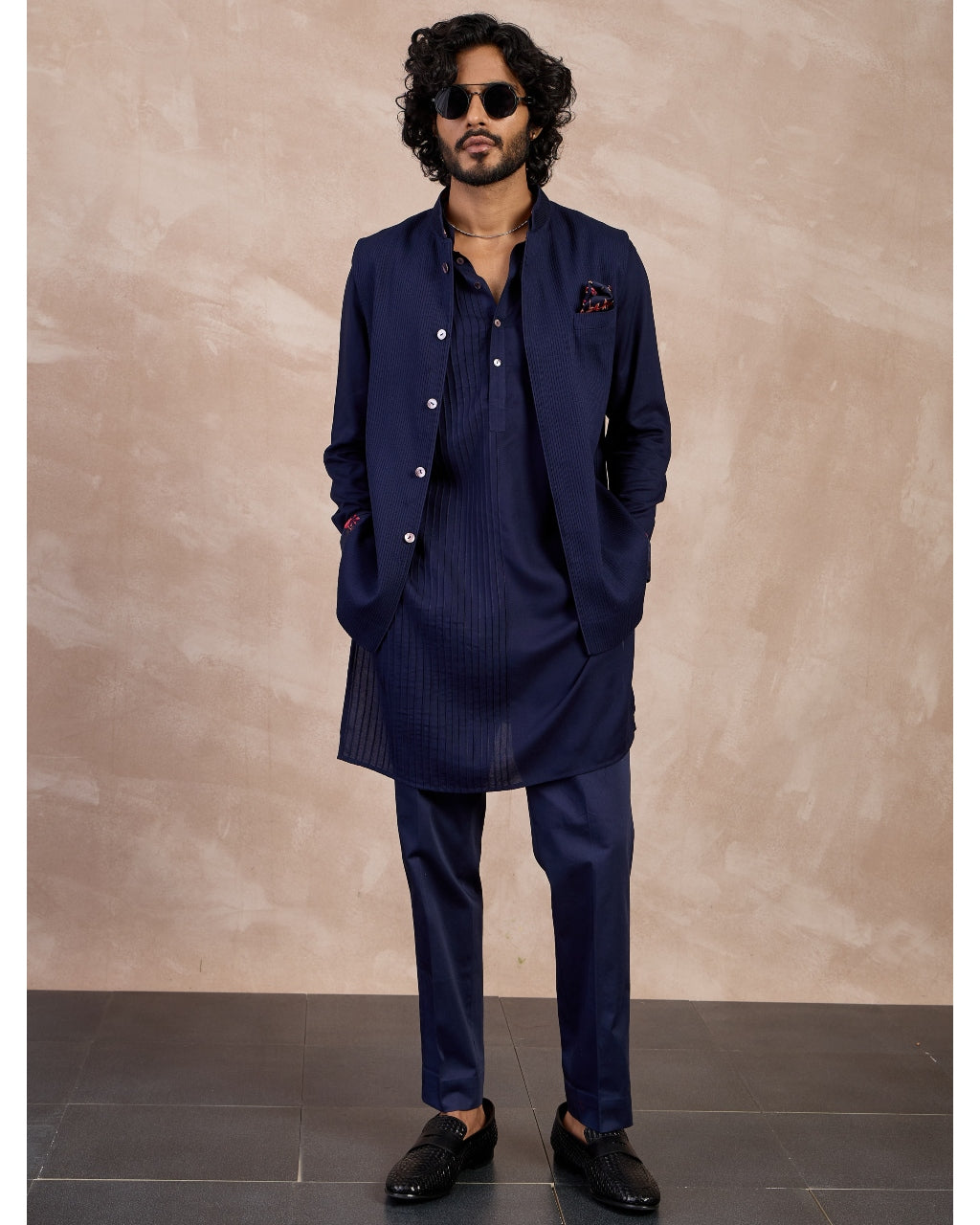 Navy Basic Pintucks Nehru Jacket Set By KYNAH, Luxury Indian Fashion & Bridal Wear