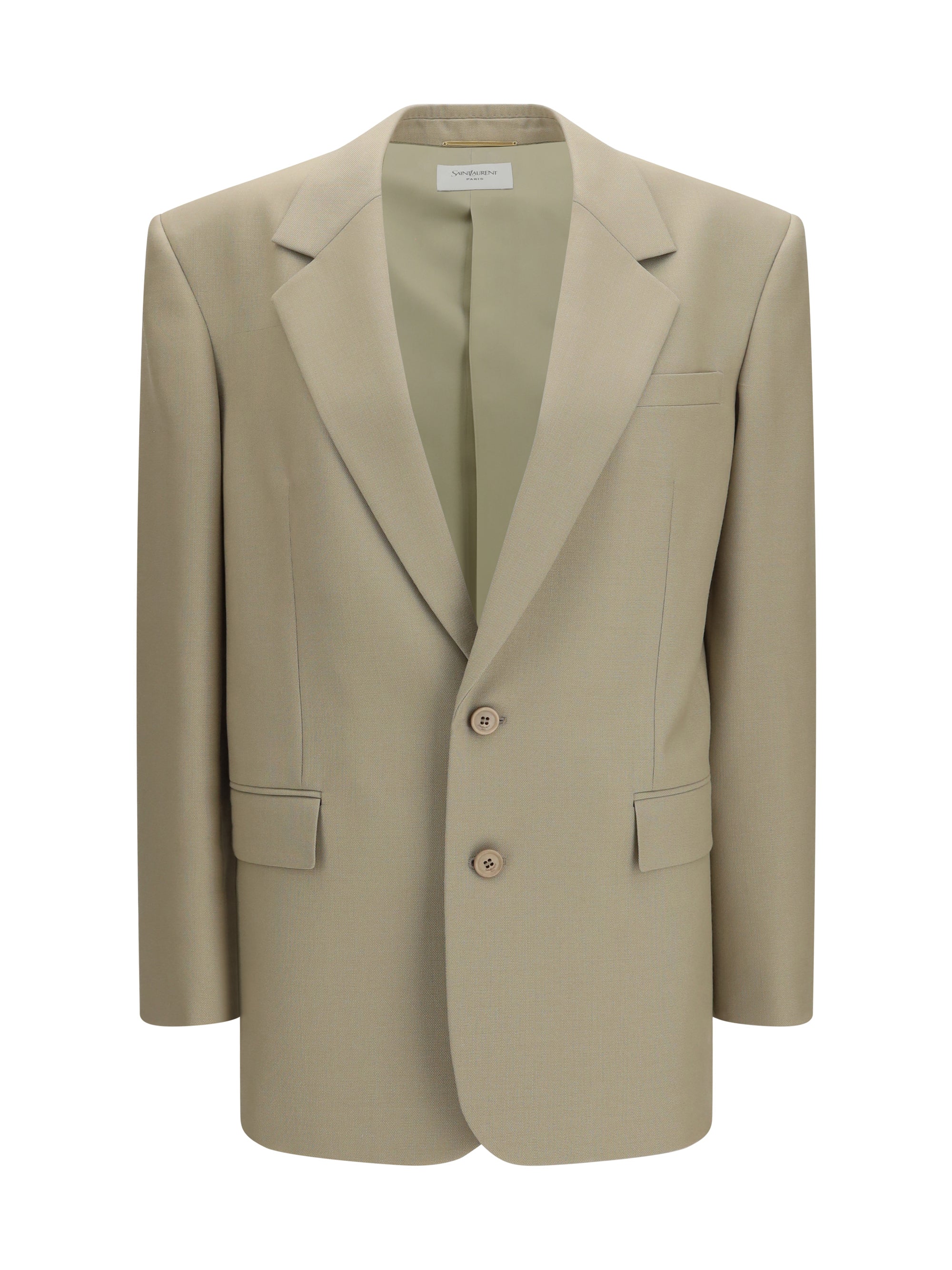 Saint Laurent Wool and Silk Single-Breasted Blazer — Beige