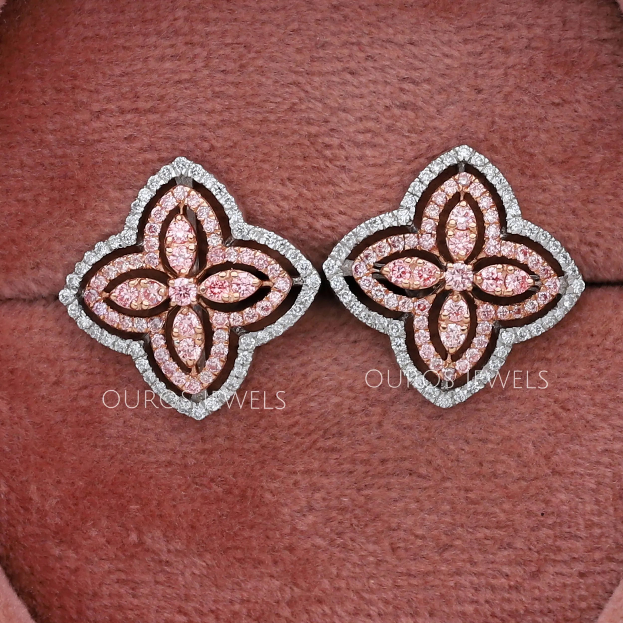 Pink Floral Round Cut Diamond Stud Earrings