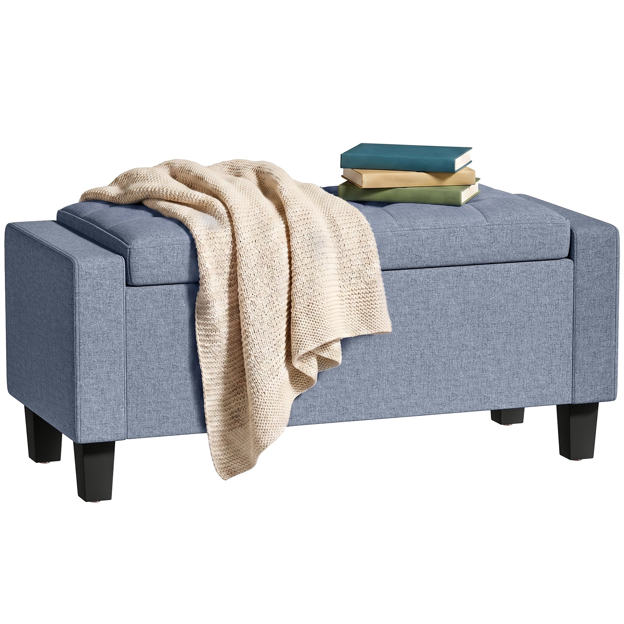 Tufted Fabric Storage Ottoman with Wooden Legs & Armrests, 36.6" Rectangular Bench for Living Room or Entryway, Dark Gray