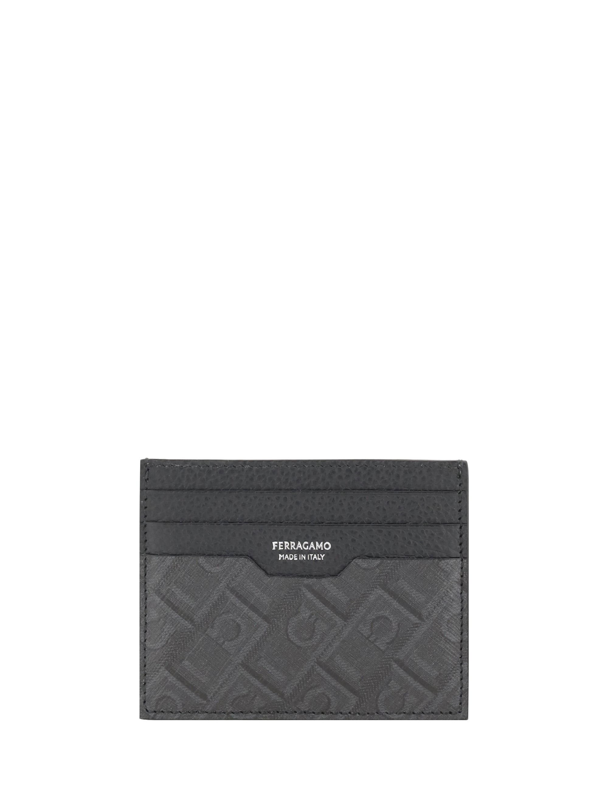 Ferragamo Gancini-Embossed Calf Leather Card Case — Gray