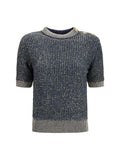 Balmain Sequined Short-Sleeve Sweater — Navy