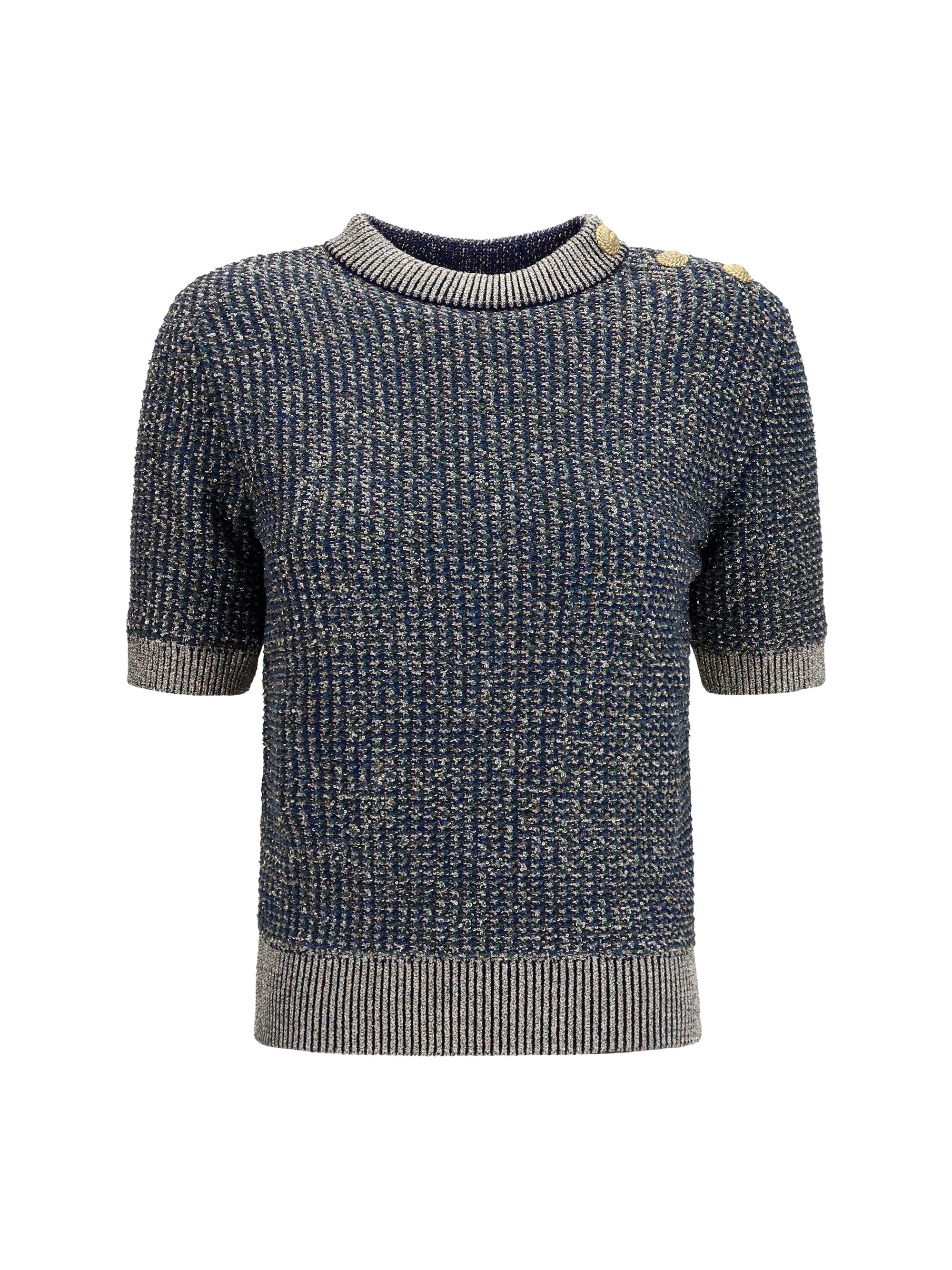 Balmain Sequined Short-Sleeve Sweater — Navy