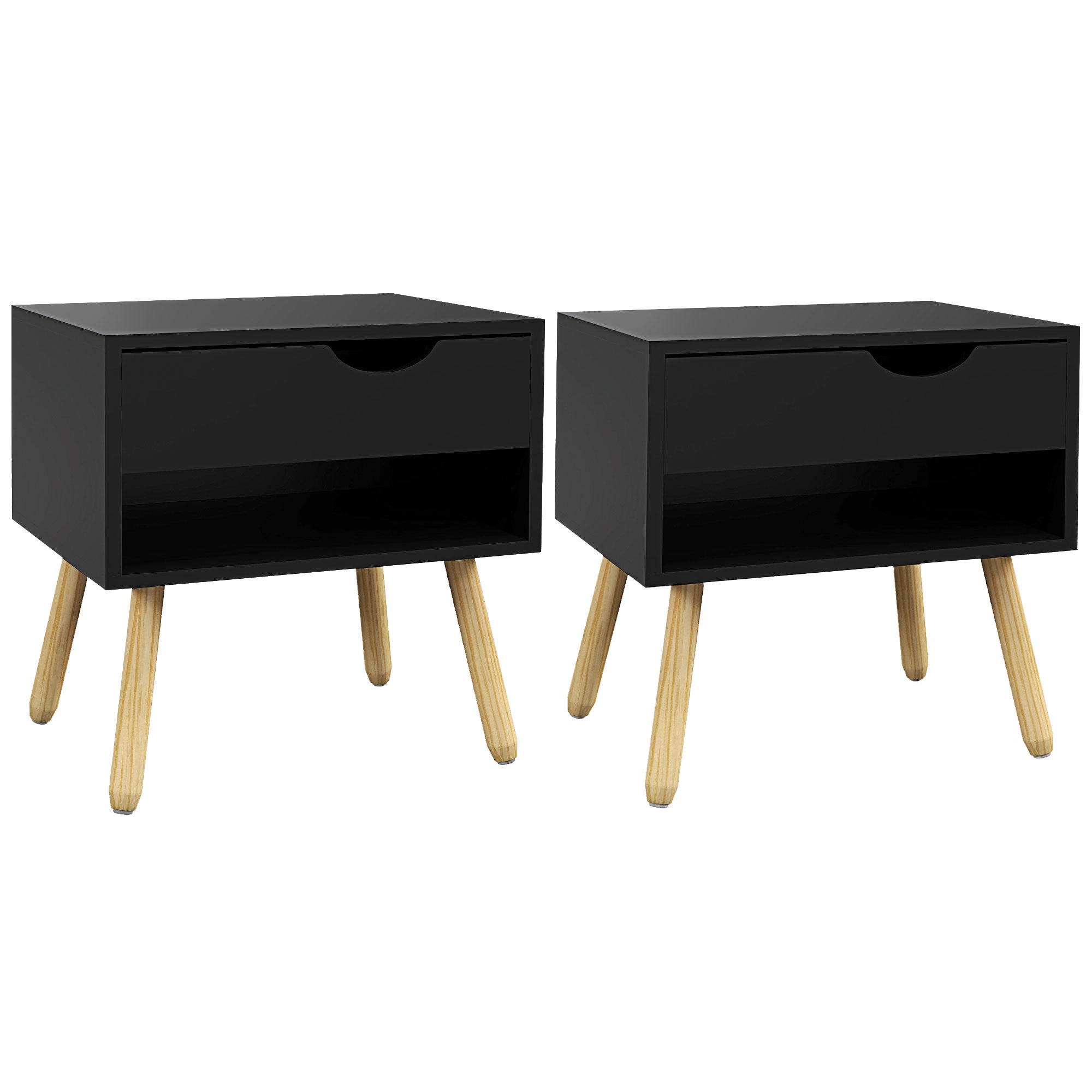 Set of 2 Bedside Table with Drawer and Shelf, Modern Nightstand, End Table for Bedroom, Black