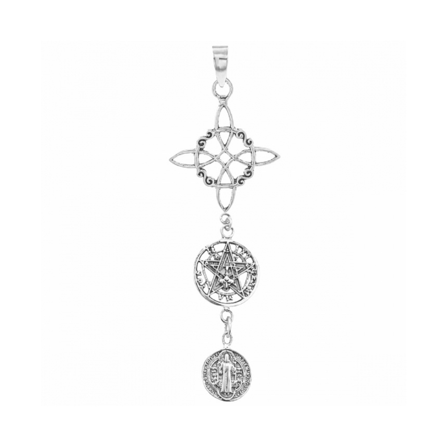 Colgante Triple Protector S925: Nudo de Bruja, Tetragramatón y San Benito