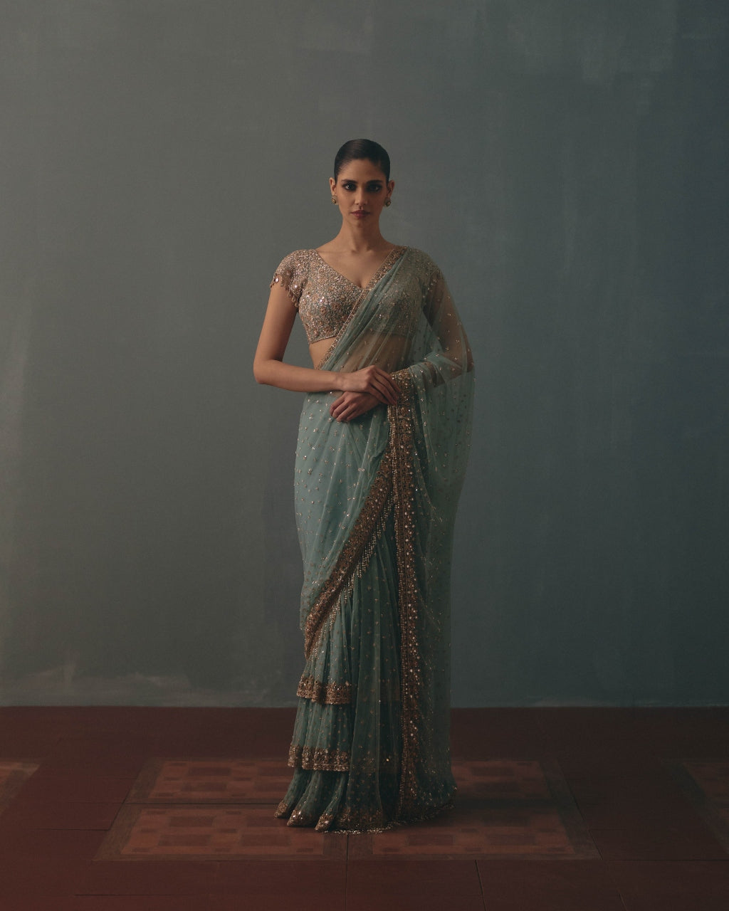 Polar Sky And Rose Gold Hand Embroidered Net Sari And Short Sleeves  Blouse By KYNAH, Luxury Indian Fashion & Bridal Wear