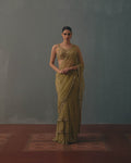 Sage Green And Pani Gold Hand Embroidered Net Sari And Sleeveless  Blouse By KYNAH, Luxury Indian Fashion & Bridal Wear