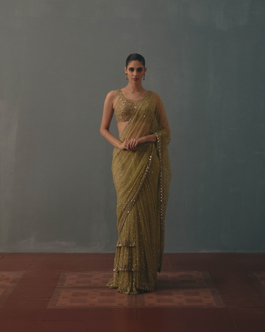 Sage Green And Pani Gold Hand Embroidered Net Sari And Sleeveless  Blouse By KYNAH, Luxury Indian Fashion & Bridal Wear