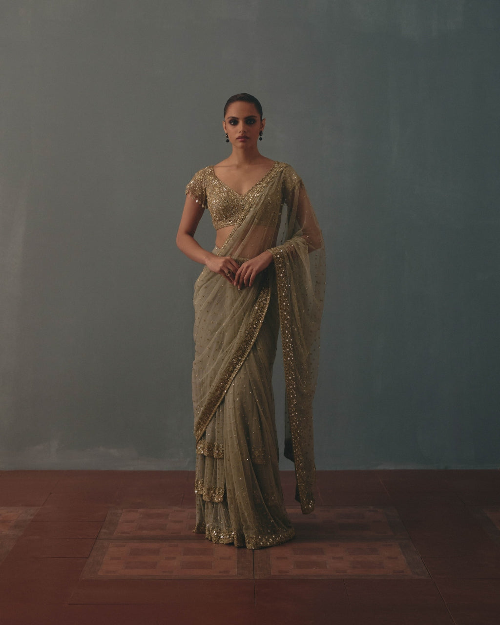 Mint Green And Pani Gold Hand Embroidered Net Sari And Short Sleeves  Blouse By KYNAH, Luxury Indian Fashion & Bridal Wear