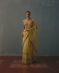 Butter Yellow Net Ruffle Sari Set By KYNAH, Luxury Indian Fashion & Bridal Wear