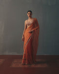 Peach Fuzz &  Rose Gold Hand Embroidered Net & Mirror Blouse & Net Ruffle Sari Set By KYNAH, Luxury Indian Fashion & Bridal Wear