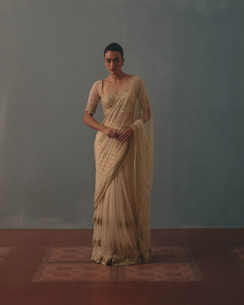 Coconut & Pani Gold Hand Embroidered Net & Mirror Blouse & Net Ruffle Sari Set By KYNAH, Luxury Indian Fashion & Bridal Wear