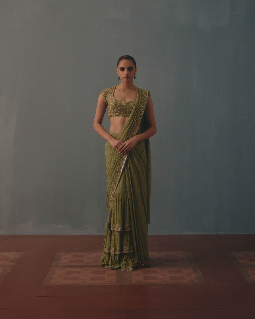 Sage Green & Pani Gold Hand Embroidered Sari Set By KYNAH, Luxury Indian Fashion & Bridal Wear