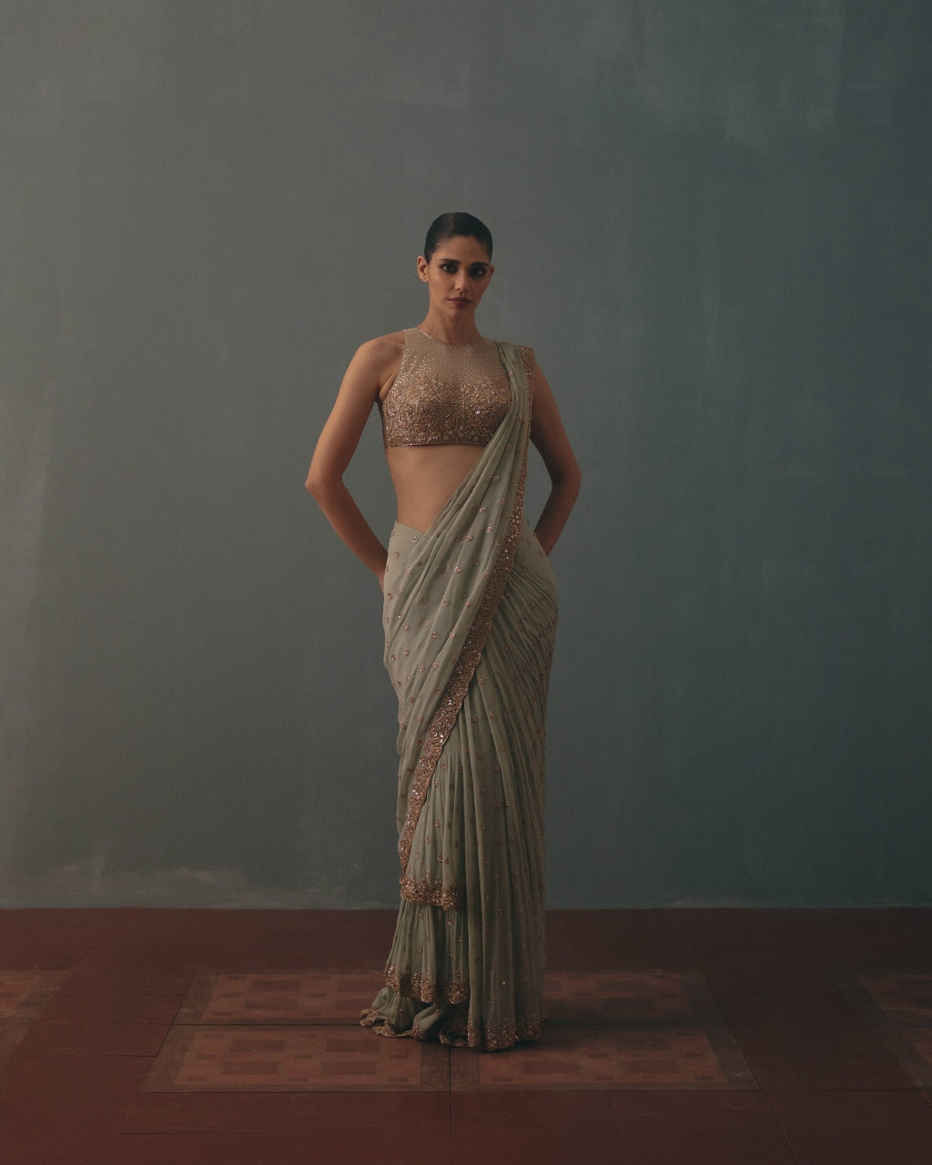 Aqua & Rose Gold Hand Embroidered Sari Set By KYNAH, Luxury Indian Fashion & Bridal Wear