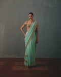 Light Turquoise & Rose Gold Hand Embroidered Sari Set By KYNAH, Luxury Indian Fashion & Bridal Wear