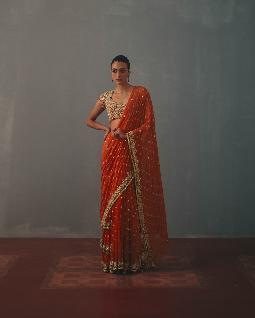 Sindoori & Rose Gold Hand Embroidered Sari Set By KYNAH, Luxury Indian Fashion & Bridal Wear