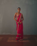 Rani Pink & Rose Gold Hand Embroidered Sari And Corset Blouse Set By KYNAH, Luxury Indian Fashion & Bridal Wear