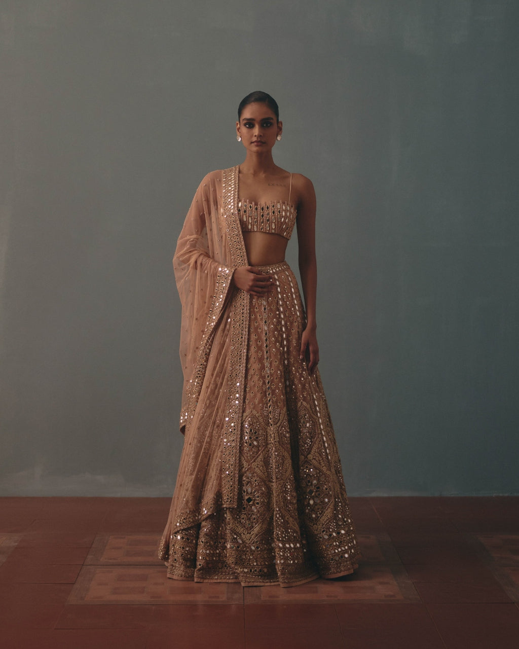 Dust Pink Net Embroidered Lehenga Set By KYNAH, Luxury Indian Fashion & Bridal Wear
