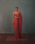 Coral & Multi Thread Hand Embroidered Classic Sari Set By KYNAH, Luxury Indian Fashion & Bridal Wear