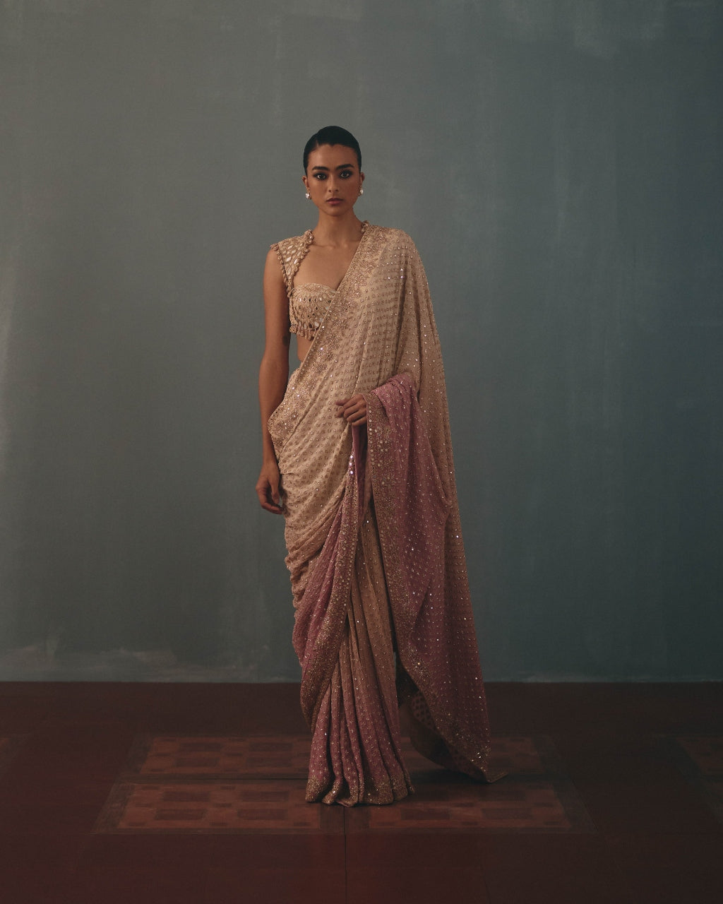 Coconut & Blue Multi Thread Hand Embroidered Classic Sari Set By KYNAH, Luxury Indian Fashion & Bridal Wear