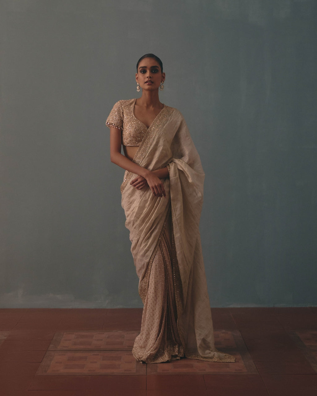 Rose Gold Tissue Hand Embroidered Half & Half Sari Set By KYNAH, Luxury Indian Fashion & Bridal Wear