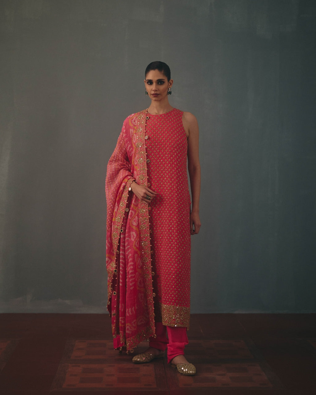 Coral Hand Embroidered Sleeveless Star Kurta Set By KYNAH, Luxury Indian Fashion & Bridal Wear