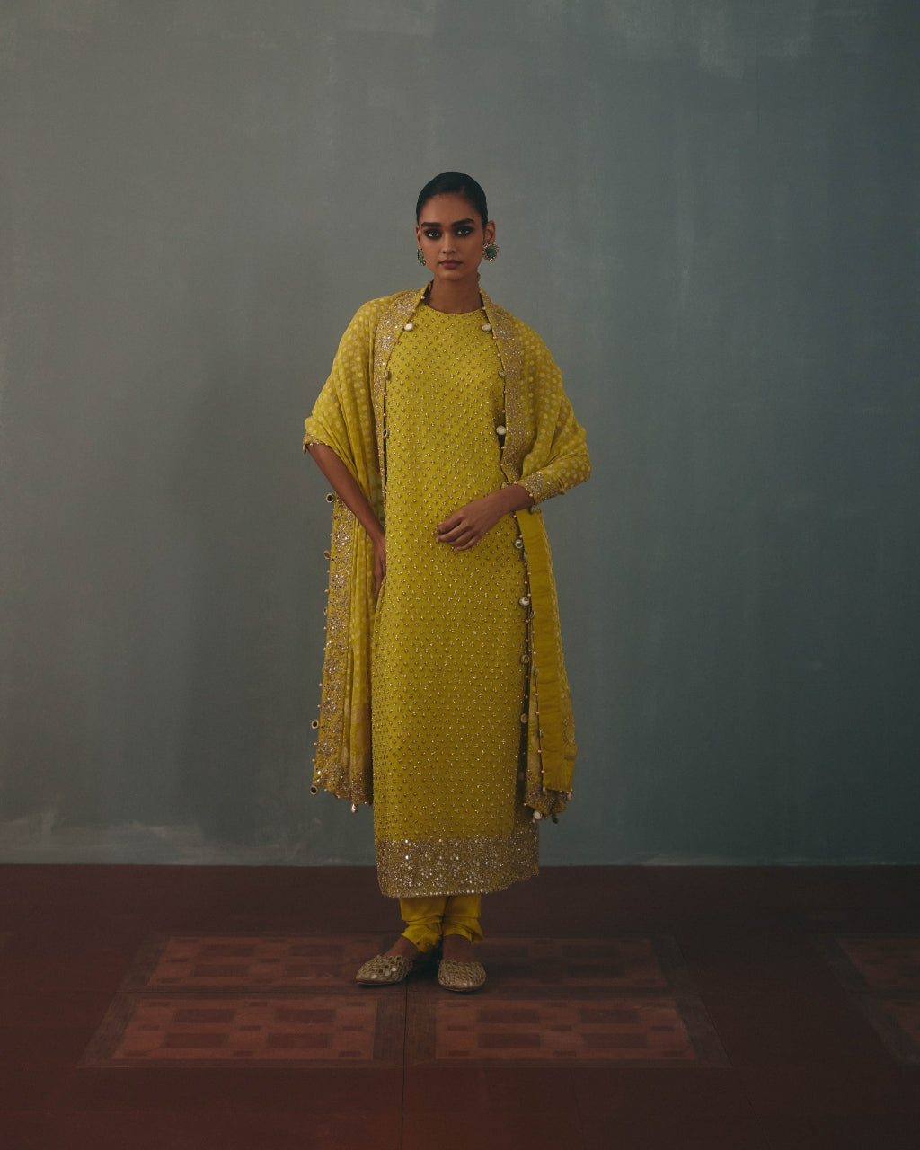 Lime Hand Embroidered Sleeveless Star Kurta Set By KYNAH, Luxury Indian Fashion & Bridal Wear