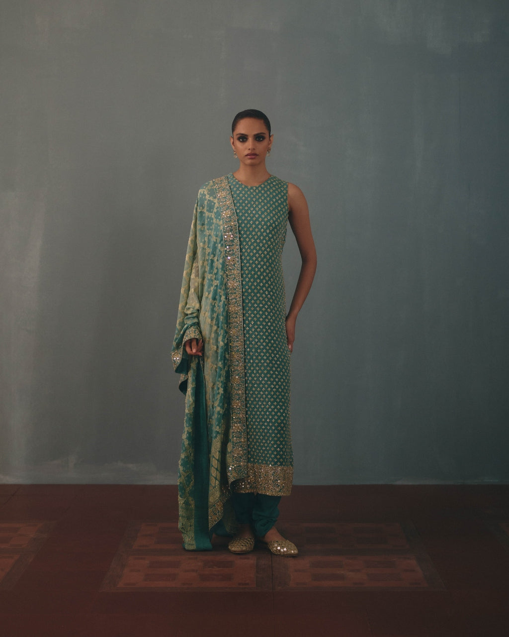 Ice Blue Hand Embroidered Sleeveless Star Kurta Set By KYNAH, Luxury Indian Fashion & Bridal Wear
