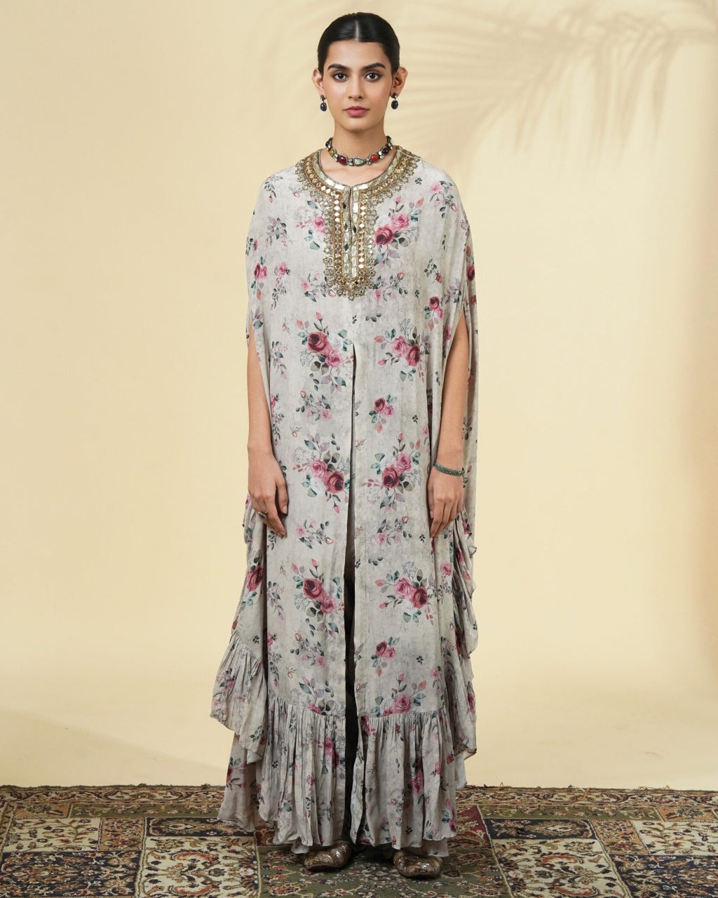 Rose Print Hand Embroidered Cape Set By KYNAH, Luxury Indian Fashion & Bridal Wear