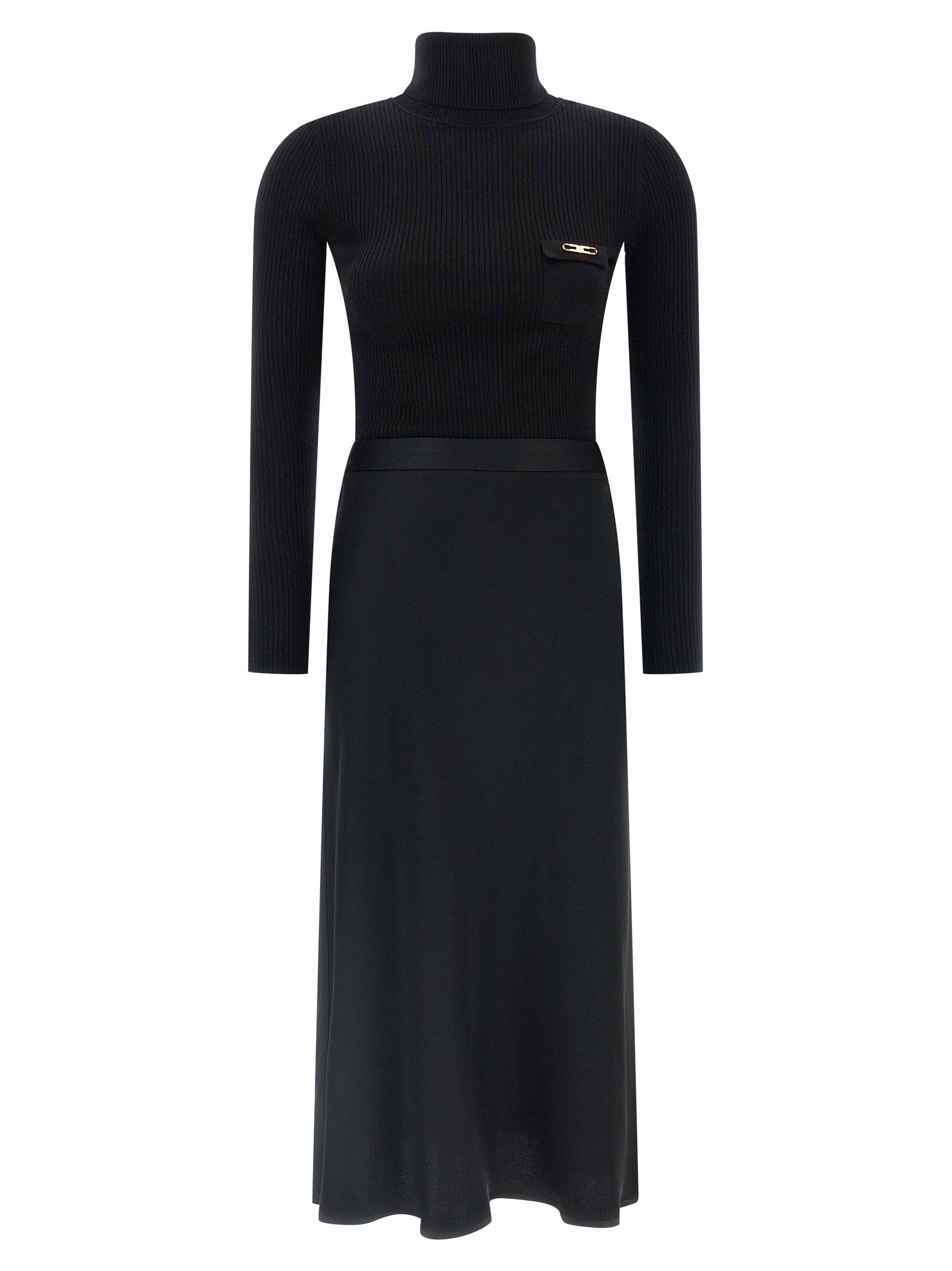 Elisabetta Franchi Ribbed Turtleneck Dress — Black