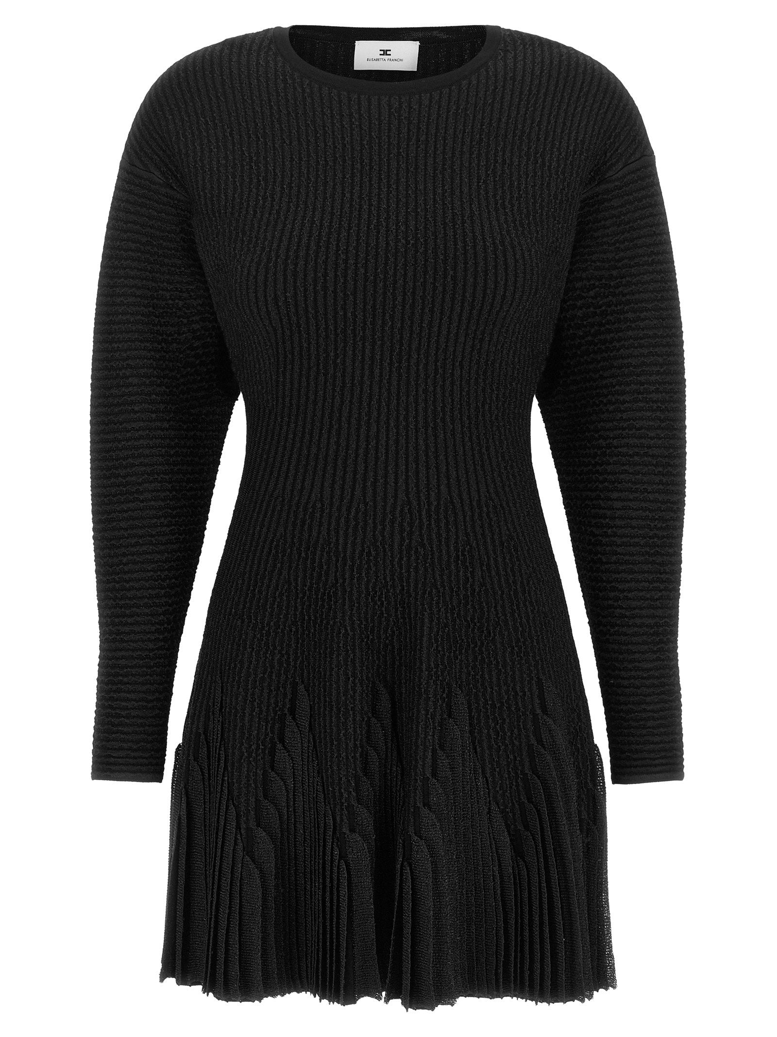 Elisabetta Franchi Ribbed Knit Pleated Dress — Black