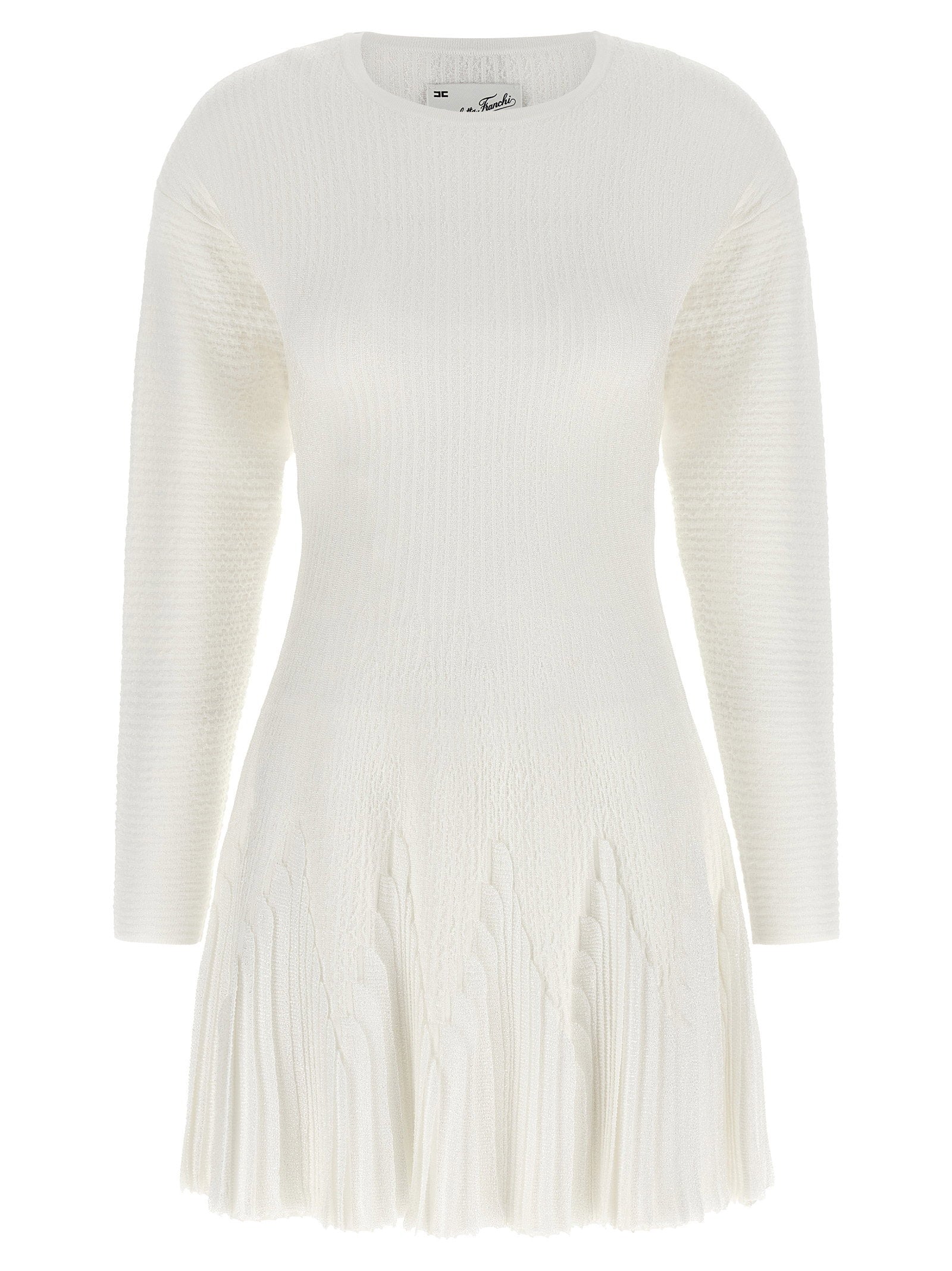Elisabetta Franchi Ribbed Knit Pleated Dress — White