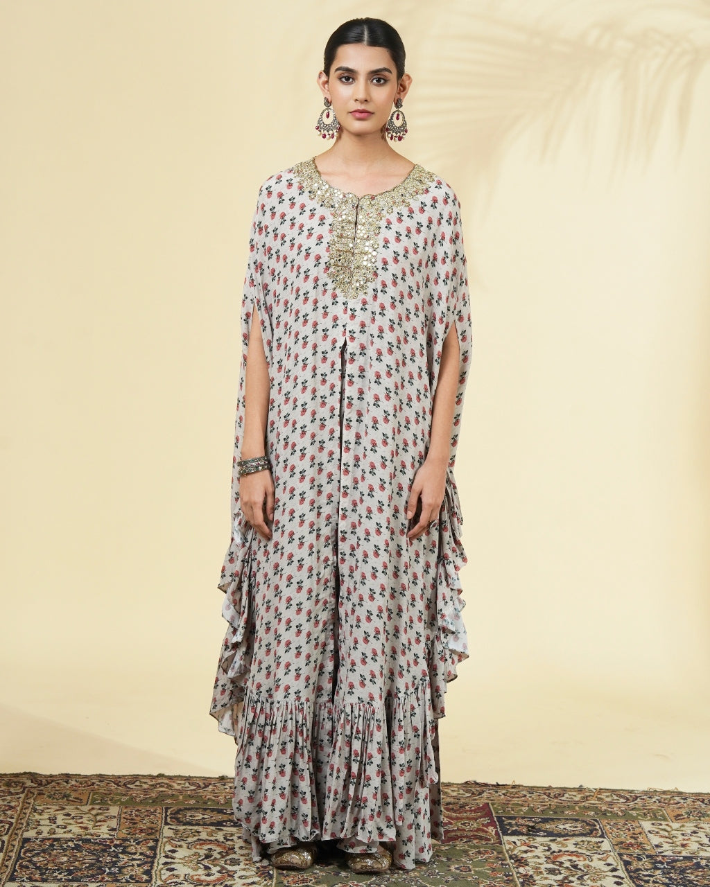 Rose Butti Print Hand Embroidered Cape Set By KYNAH, Luxury Indian Fashion & Bridal Wear